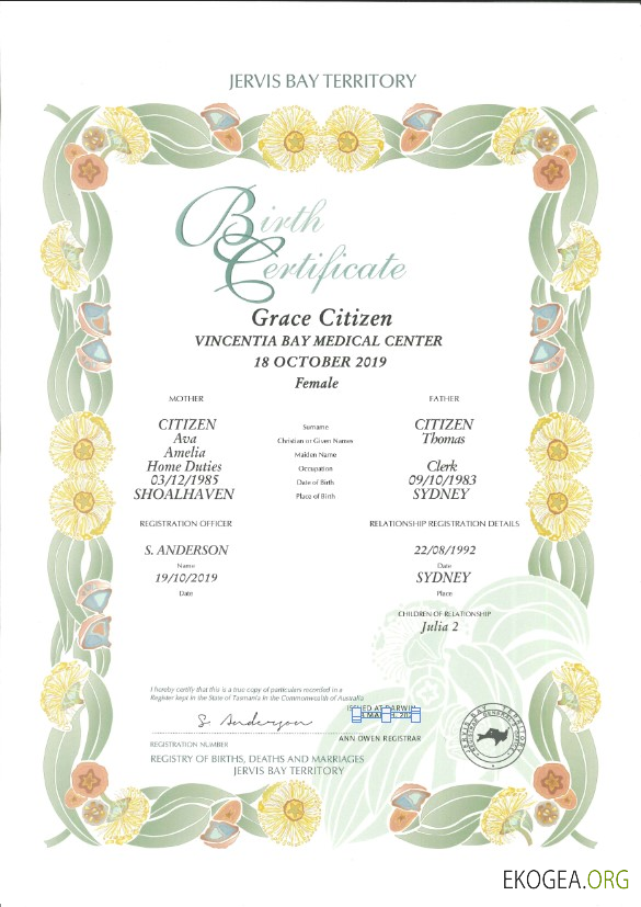 Modèle de certificat de naissance décoratif du territoire de Jervis Bay en Australie au format PSD